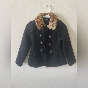 George black faux fur cheetah button down pea coat